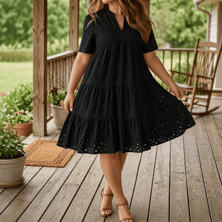 Wearbella™ – Flowy V-Neck Eyelet Dress for Curvy Fit