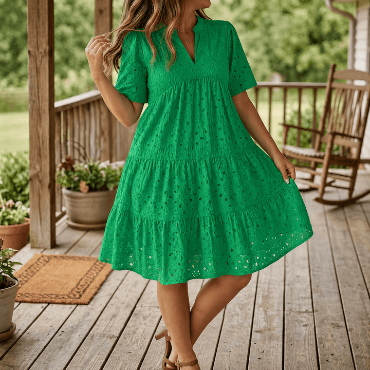 Wearbella™ – Flowy V-Neck Eyelet Dress for Curvy Fit