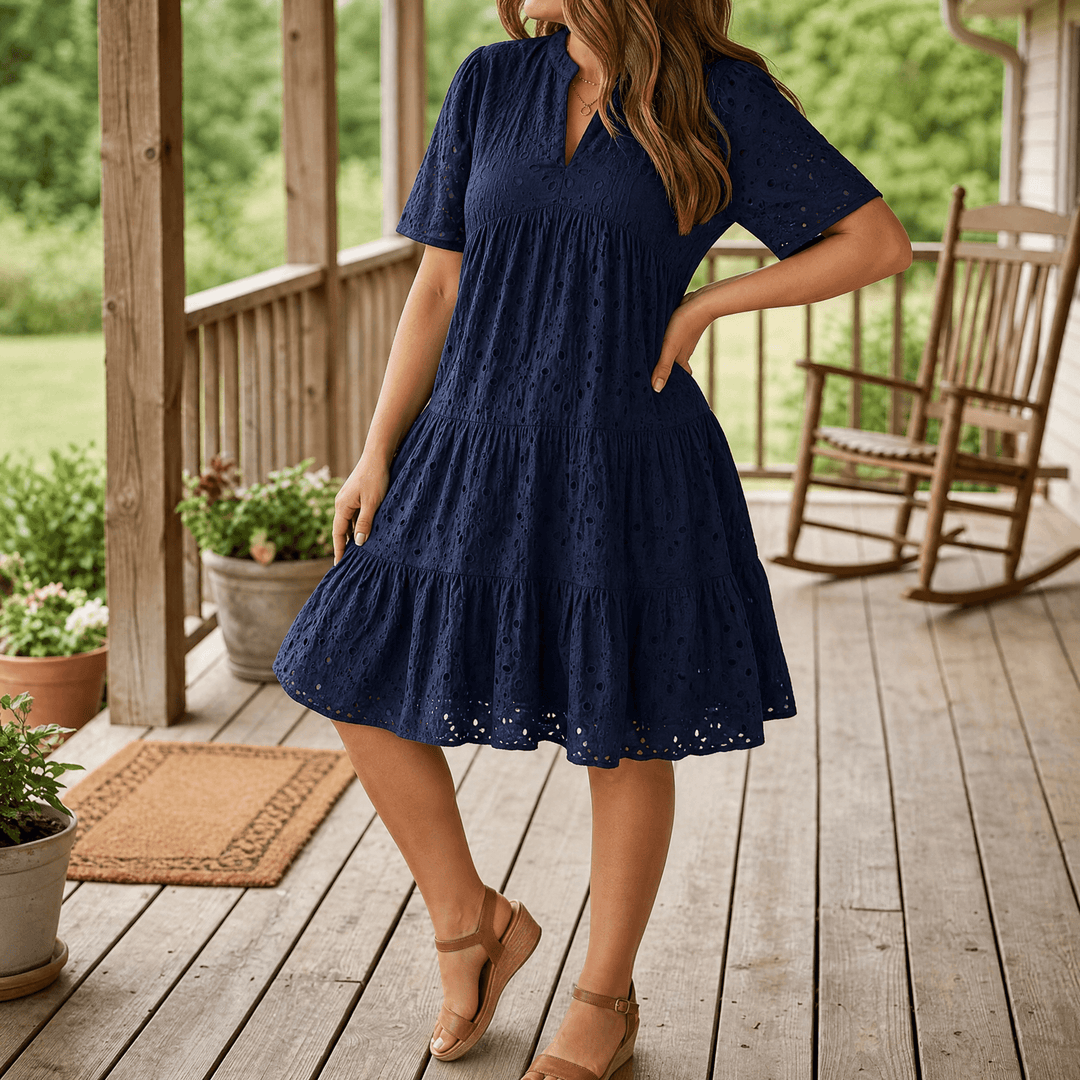 Wearbella™ – Flowy V-Neck Eyelet Dress for Curvy Fit