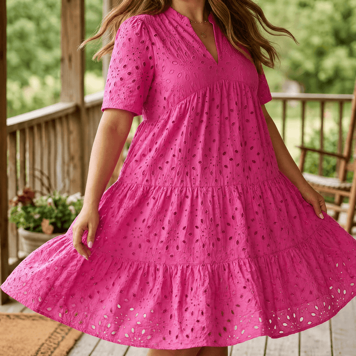 Wearbella™ – Flowy V-Neck Eyelet Dress for Curvy Fit