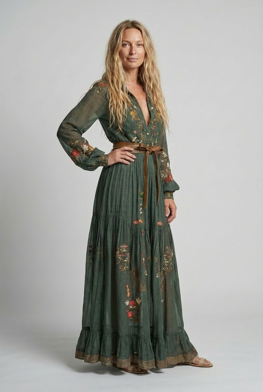 Isabella | Embroidered V-Neck Maxi Dress